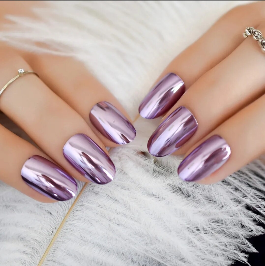 24 Light Purple Chrome Almond Press on Nails Kit With Glue - Etsy