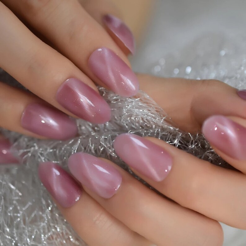 24 Pink Mauve Rose Cat Eye Glaze Medium Press on Nails Glue on Etsy