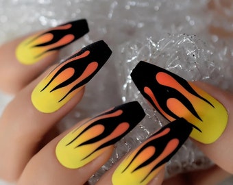 24 Hot Rod Guy Fieri Black Flame press on nails Yellow Orange goth fire unique coffin flavor town
