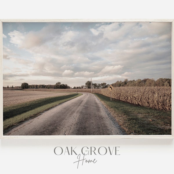 Country Lane Poster, Long Driveway Along Cornfield, Farmhouse Print, Gravel Road Poster, Countryside Scenery, Country Road Home Decor