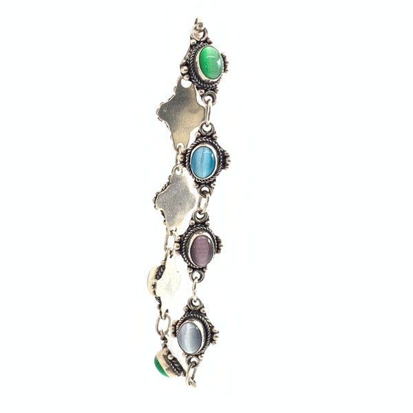 Beautiful Sterling Silver Bracelet With Multi Colored Cats Eye
