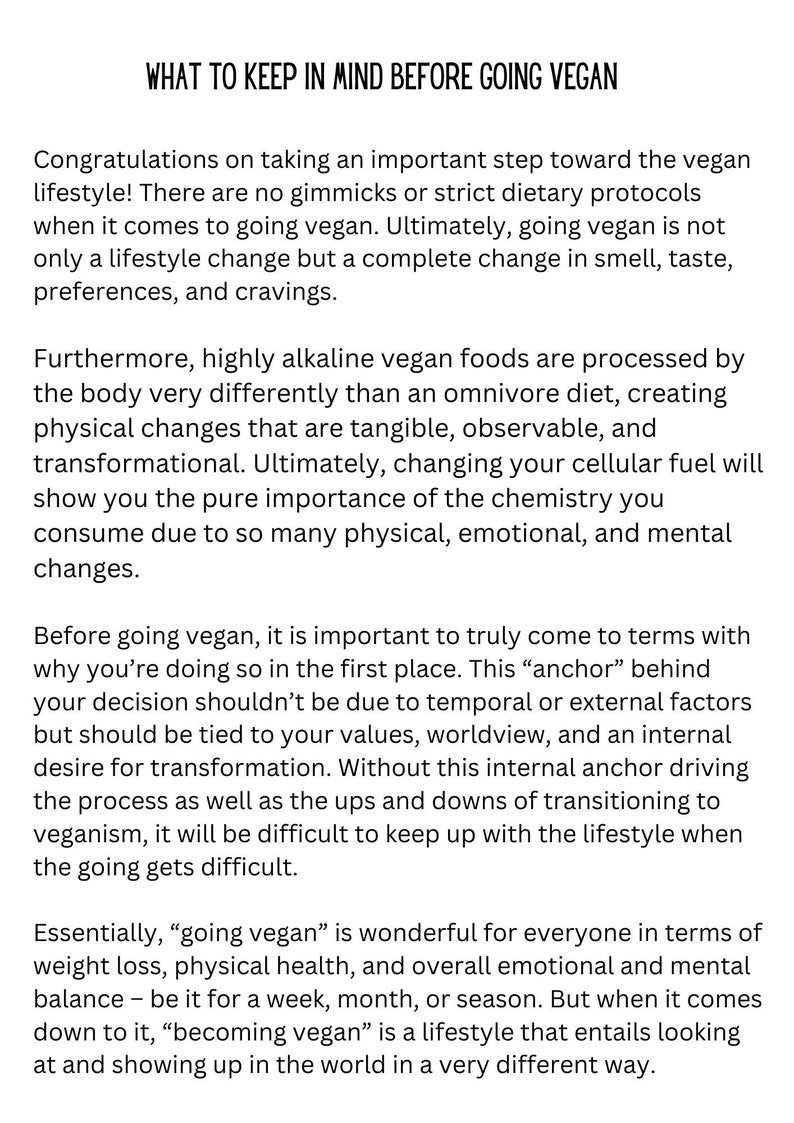 May include: Text-based article about the benefits and challenges of going vegan. The article discusses the importance of having a strong internal motivation for making the change.
