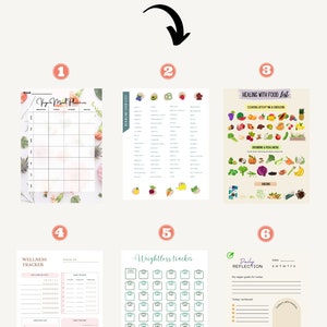 May include: Printable list templates for meal planning, weight loss tracking, wellness tracking, and daily reflection. The templates feature a variety of colorful illustrations, including fruits, vegetables, and scales.