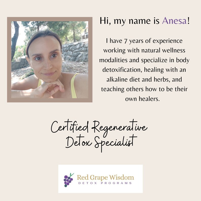 May include: A woman with brown hair and a yellow shirt smiles at the camera. The text "Hi, my name is Anesa!" is above her. The text "Certified Regenerative Detox Specialist" is below her. The text "Red Grape Wisdom DETOX PROGRAMS" is below that.