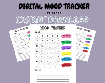 May include: A printable digital mood tracker with 12 pages. The tracker has a calendar layout with circles for each day of the month. Each circle can be coloured in to represent a different mood. The mood tracker includes a notes section for each month.