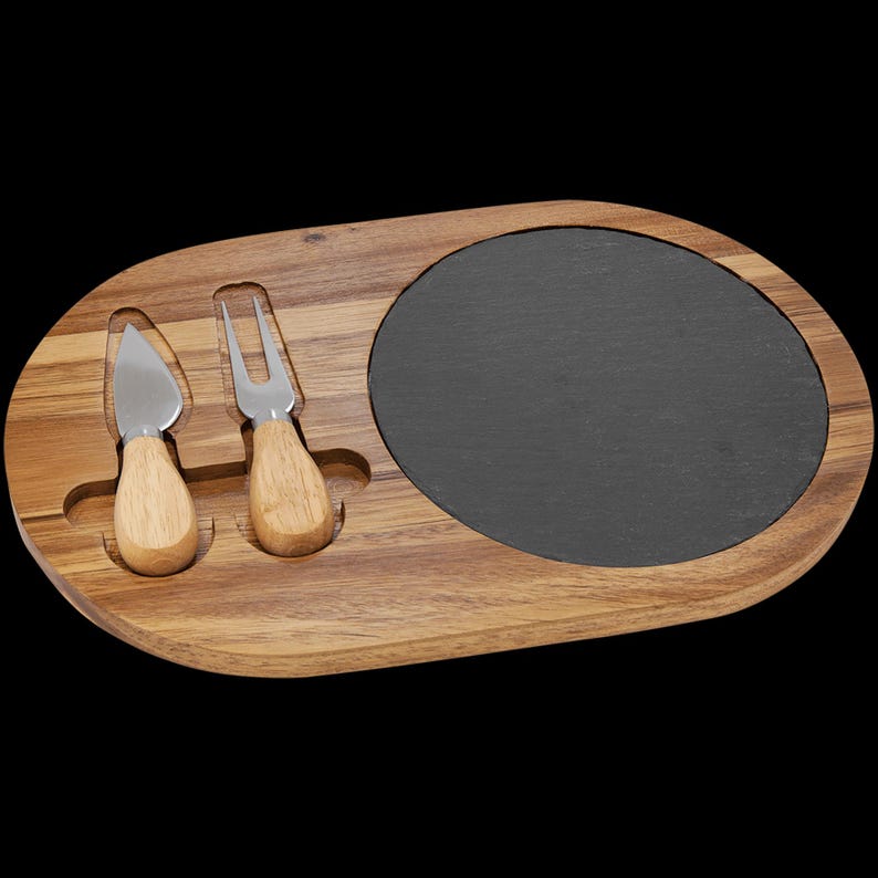 Custom Acacia Wood/slate Oval Cheese Set With Two Tools 12 1/2" X 7 3/4 ...