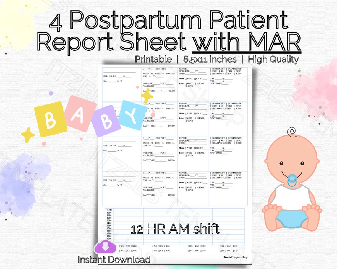 Postpartum Printable Nursing Report Sheet 4 Mother Baby - Etsy