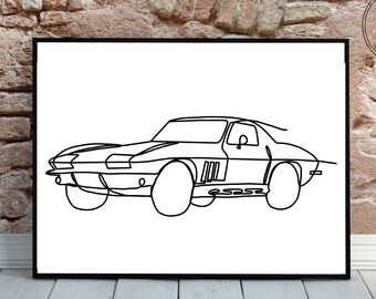 May include: A black and white line drawing of a classic sports car. The car is drawn in a single continuous line, creating a minimalist and modern aesthetic.