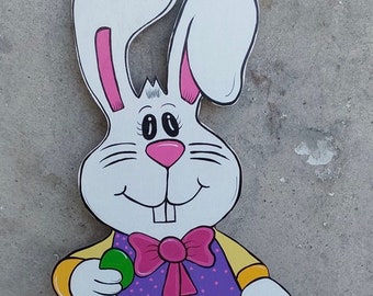 HAPPY EASTER BUNNY With Basket Wood Outdoor Yard Art Sign, Easter Outdoor Decorations