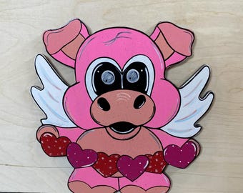 Flying Pig Valentine’s Day Wood Outdoor Yard Art Sign, Door Hanger, Lawn & Garden Decor