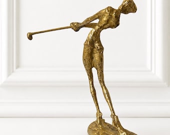 Vintage Bronze Golfer Sculpture – Mid Century Style Golf Figurine – Brass Tone Sporting Decor – 9” Golf Statue
