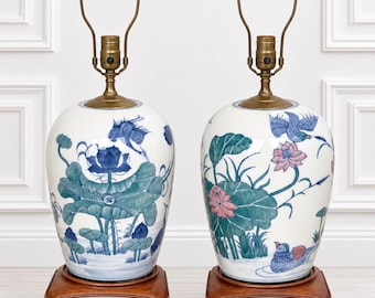 Pair of Vintage Lotus Bird Chinoiserie Porcelain Table Lamps Carved Wood Bases Asian Ginger Jar Lamps