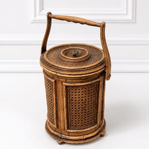 Vintage Faux Bamboo & Rattan Ice Bucket with Fiberglass Liner | Hollywood Regency Tiki Bar Entertaining Decor