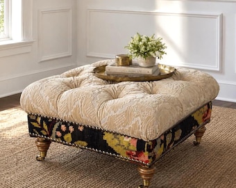 Custom Designer Upholstered Ottoman – Tufted Down Cushion, Mixed Textiles, Brass Casters, English Country Style