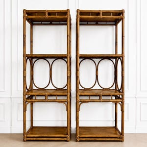 Vintage Bamboo Étagère Shelves Pair | Coastal Chinoiserie Rattan Display Bookcases