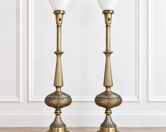 Pair Vintage Brass Table Lamps 36” Neoclassical Hollywood Regency Acanthus Lamps Milk Glass Diffusers