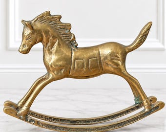 Vintage Brass Rocking Horse Figurine, Solid Brass Horse Sculpture, Equestrian Decor, Nursery Shelf Decor
