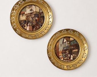 Vintage English Brass Wall Hangings | Victorian Library & Antique Shop Scenes | Pierced Brass Art Plaques – Pair