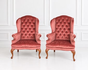 Vintage Blush Velvet Wingback Chairs Pair | Tufted High Back Armchairs | Carved Oak Legs | English Country Accent Chairs