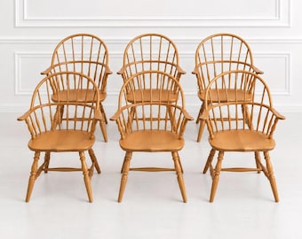 Set of 6 Vintage European Beech Windsor Armchairs | English Country Dining Chairs