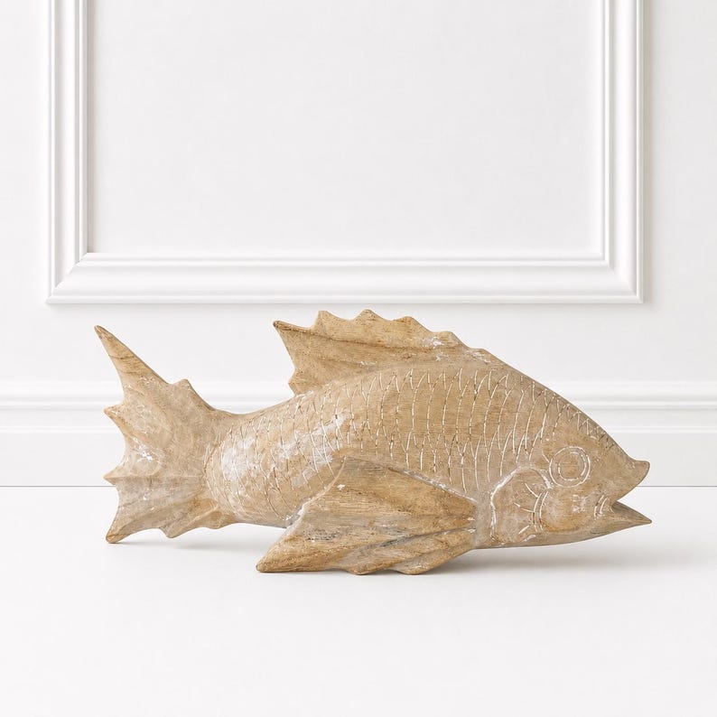 Vintage Hand Carved Wooden Koi Fish Sculpture, Large Coastal Chic Decor, Beach House Coffee Table Accent, Nautical Wood Fish Figurine image 1
