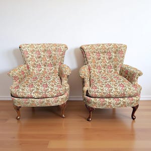 Pair of Vintage French Provincial Style Custom Floral CottageCore Charm Accent Arm Chairs with Down Cushions