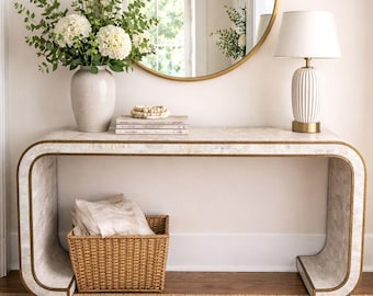 Vintage Maitland-Smith Tessellated Stone Console Table | Brass Inlay Waterfall Design