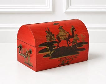 Vintage Italian Chinoiserie Tin Box | Red-Orange Asian Scenes, Brass Handles (9.25" W x 5.75" D x 6" H)