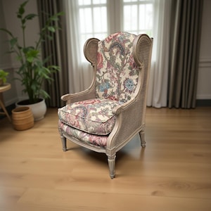 Vintage French Louis XV-Style Carved Cane Wingback Chair with Custom Floral Cushions