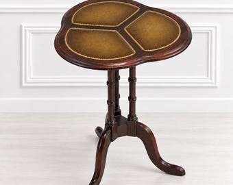 Antique Leather Top Occasional Table | Gilt Tooled Leather Tripod Side Table | English Style Accent Table