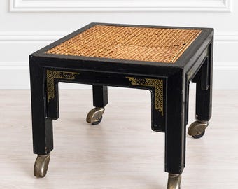 Vintage Chinoiserie Cane Footstool on Casters | Black & Gold Asian Style Rolling Stool | Hollywood Regency Accent Stool