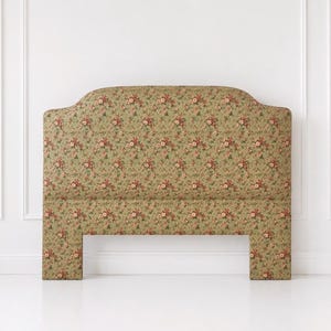 Vintage English Country Estate Upholstered Headboard in Green with Pink Floral Print