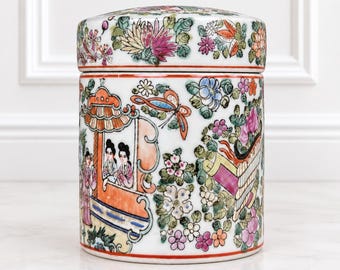 Vintage Chinese Famille Rose Lidded Canister, Porcelain Covered Jar, Hand Painted Chinoiserie Decor