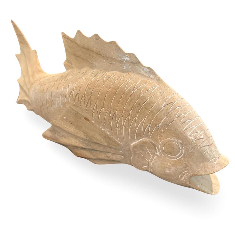 Vintage Hand Carved Wooden Koi Fish Sculpture, Large Coastal Chic Decor, Beach House Coffee Table Accent, Nautical Wood Fish Figurine image 5