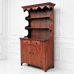 Antique Primitive Walnut Stepback Cupboard – Mid-19th Century Early American Hutch Cabinet