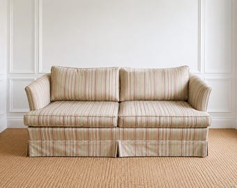 Vintage Custom Upholstered English Country Sofa | Curved Back Skirted Sofa | Nancy Meyers Coastal Cottage Style