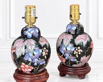 Pair Vintage Mini Ginger Jar Lamps, Hand-Painted Grape Vine Chinoiserie Table Lamps