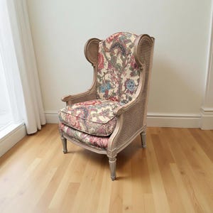 Vintage French Louis XV-Style Carved Cane Wingback Chair with Custom Floral Cushions