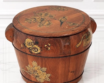 Vintage Wooden Barrel Box with Lid Chinoiserie Bird Floral Decor Asian Style Wood Storage Container
