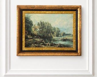 Lámina vintage enmarcada de paisaje fluvial sobre tabla / Paspartú de terciopelo dorado / Marco dorado envejecido / Decoración de pared de estilo campestre inglés