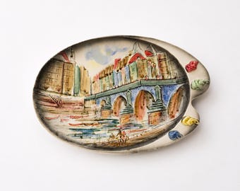 Vintage Hand-Painted Japanese Ceramic Artist Palette Wall Plaque | Paris Bridge Cityscape Wall Plate | Mid Century Japan Pottery Decor