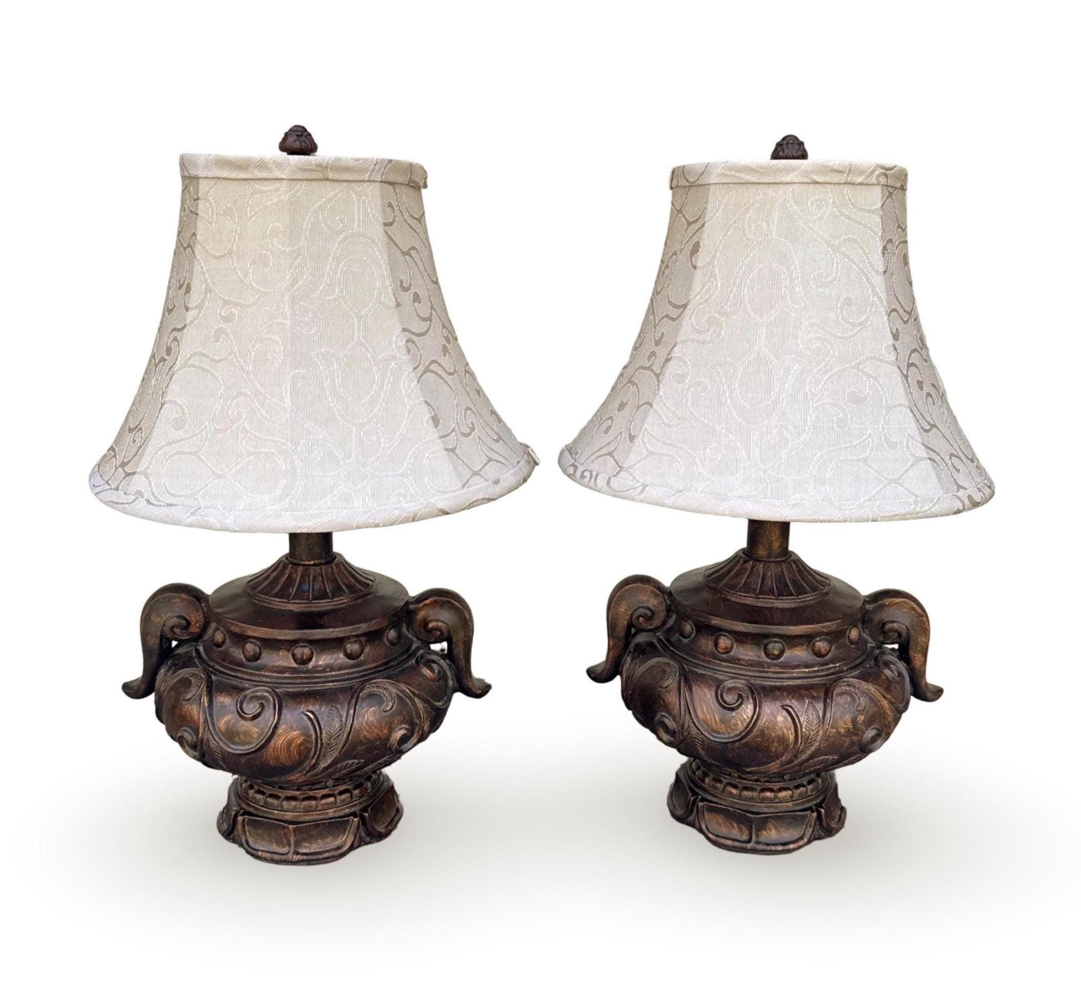 Pair of Gate House Urn Table Lamps W/ Silk Lined Damask Shades ...