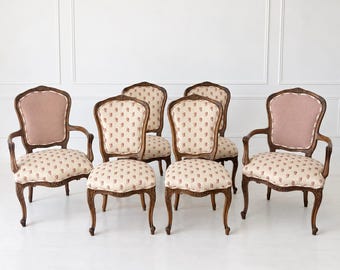 Vintage French Louis XV Dining Chairs, Carved Wood Floral Upholstery (Set of 6)