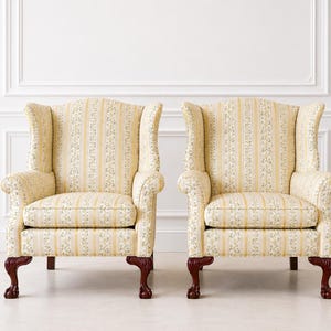 English Country His & Hers Armchairs | 1973 Estate Pair | Cream and Gold Floral Stripe