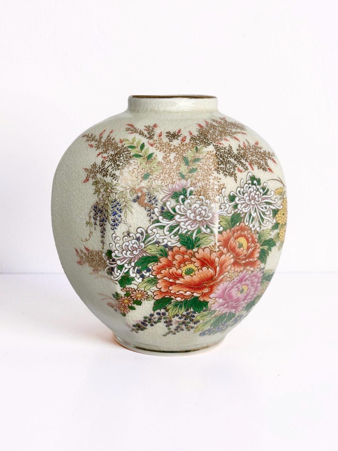 Vintage Japanese Style Floral Vase | Hand Painted Chinoiserie Ceramic ...
