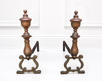 Vintage Copper Tone Andirons Pair | Urn Finial Fireplace Dogs | Cast Iron Hearth Decor