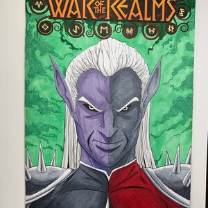 May include: A comic book cover illustration of a character with white hair and a purple and gray face. The character is wearing a black and red outfit with a spiked shoulder pad. The title of the comic is "The War of the Realms" with a stylized font and runes.