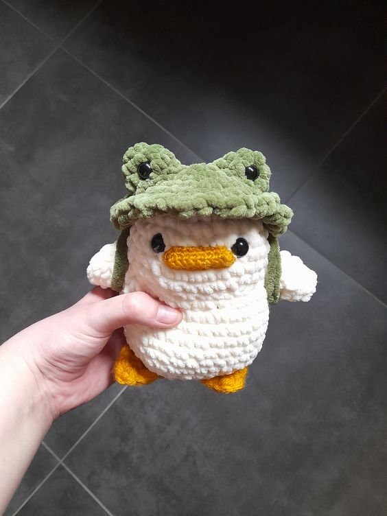 Handmade Crochet Duck Toy with Frog Hat main image 1