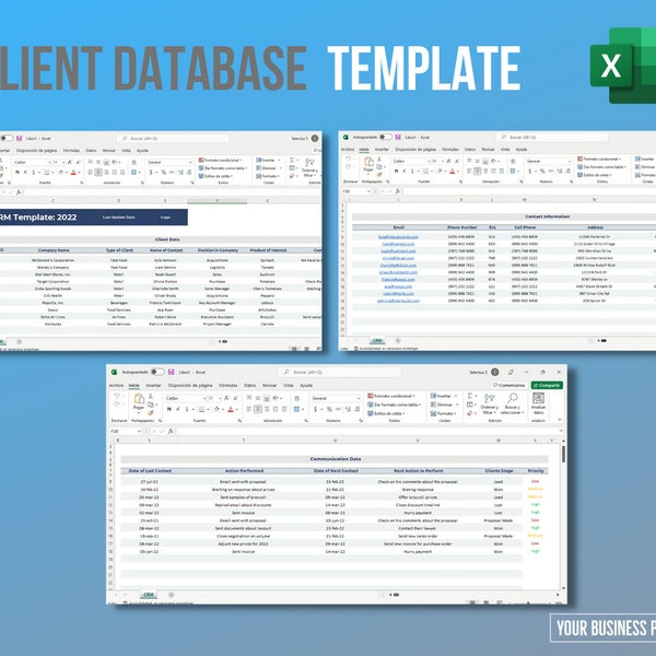 Base de Datos de Cliente/ Lista de Clientes/ Leads/ CRM/ Plantilla de Excel/ Fácil de Usar/ Simple/ Pequeña y Mediana Empresa/ Spreadsheet