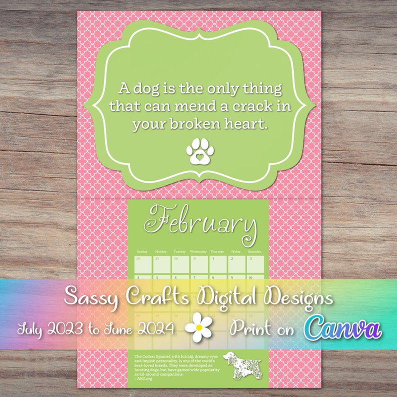 Printable Dog Quotes 2024 Calendar, Pink & Green Calendar, 2024